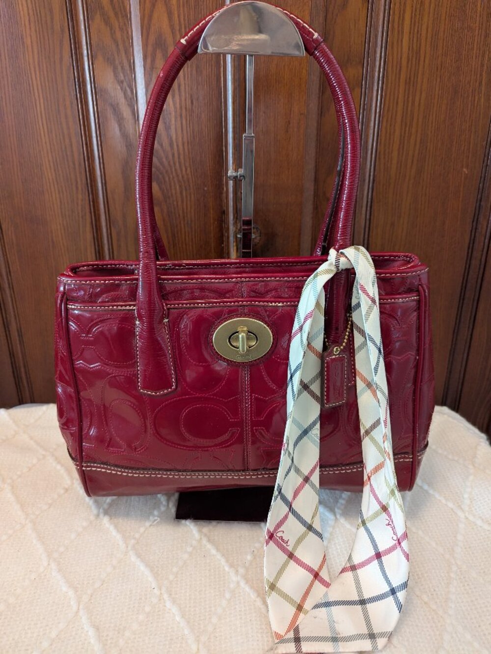 Coach 12449 Madeline Red Monogram Patent Leather Shoulder Bag & scarf